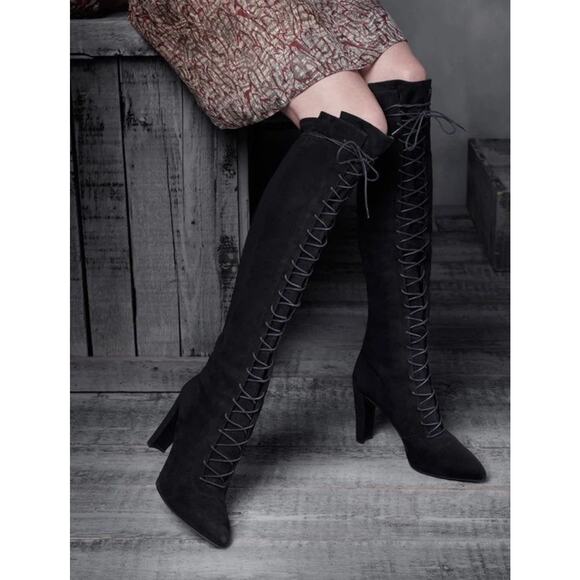 Stuart Weitzman Shoes - Stuart Weitzman Highstring Suede Lace Up Over Knee Boots Black 6M
